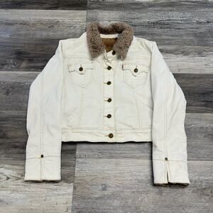 Y2K‎ 2000s Levi's Cream Womens M Button Front Denim Faux Fur Trim Trucker Jacket